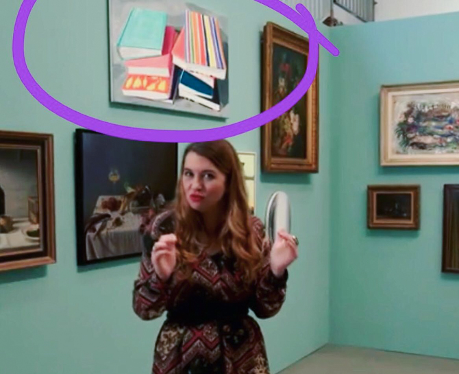 Ann deMeester at Jessica Stockholder Centraal Museum with painting by Britt Dorenbosch